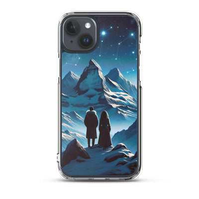 Alpenwinternacht: Digitale Kunst mit Wanderern in Bergen und Sternenhimmel - iPhone Schutzhülle (durchsichtig) wandern xxx yyy zzz iPhone 15 Plus