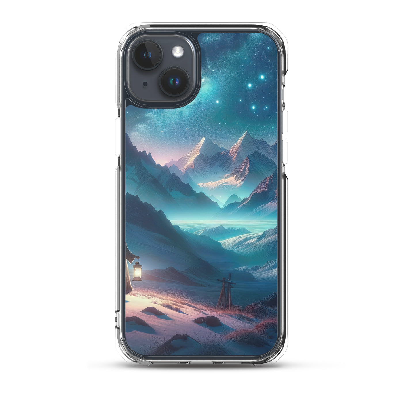 Stille Alpennacht: Digitale Kunst mit Gipfeln und Sternenteppich - iPhone Schutzhülle (durchsichtig) wandern xxx yyy zzz iPhone 15 Plus