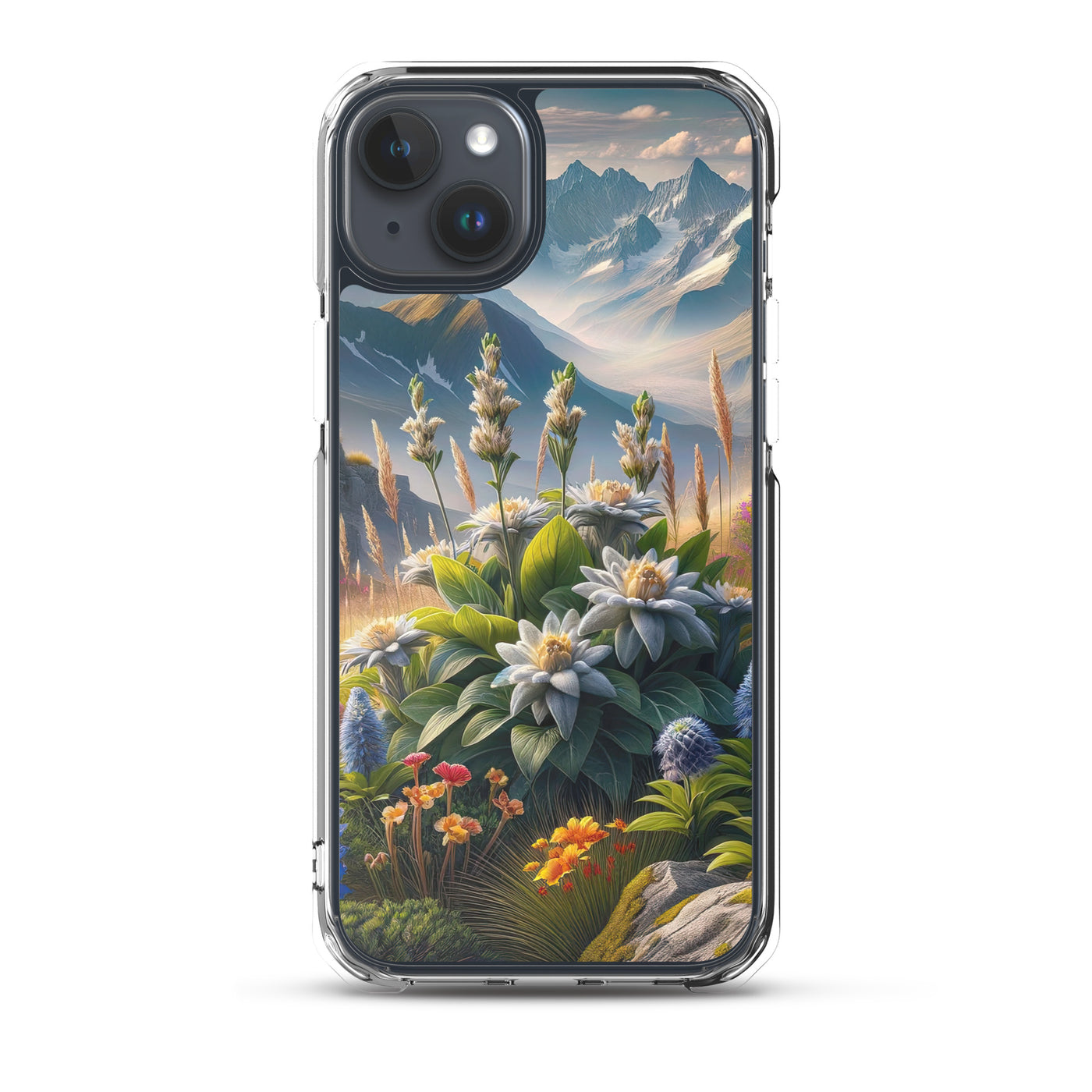 Alpine Flora: Digitales Kunstwerk mit lebendigen Blumen - iPhone Schutzhülle (durchsichtig) berge xxx yyy zzz iPhone 15 Plus