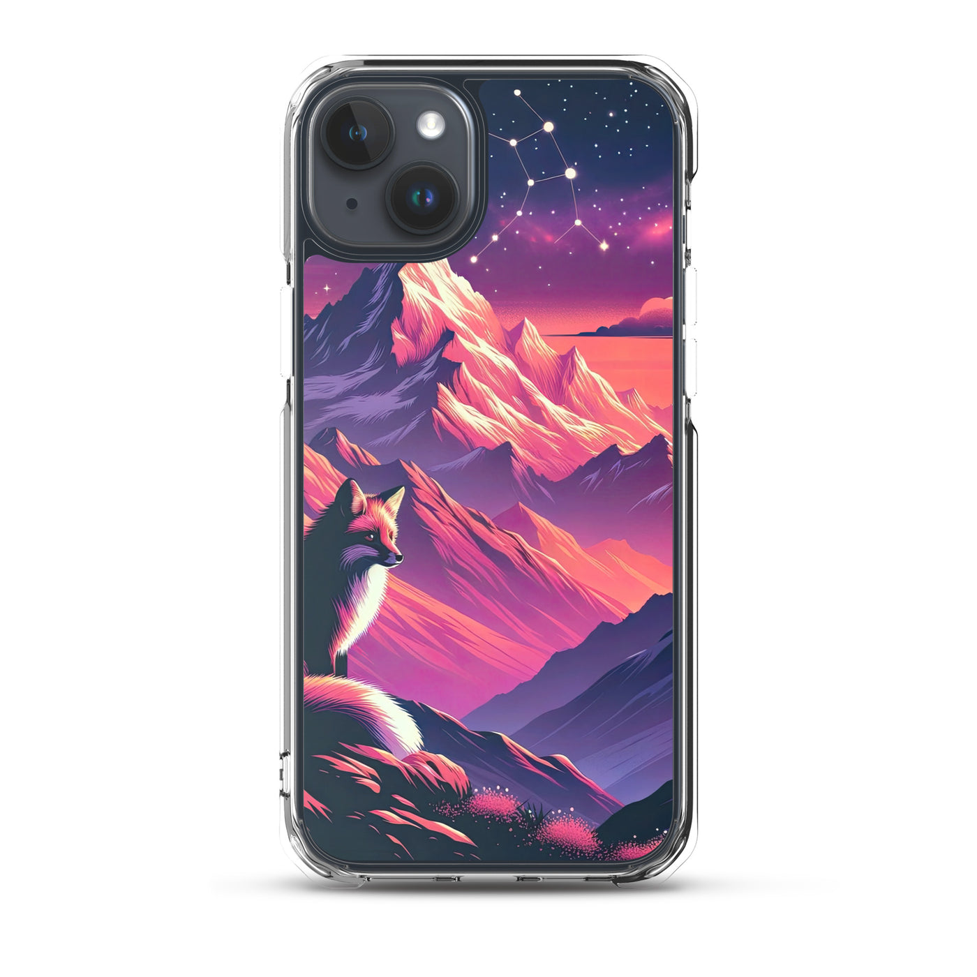 Fuchs im dramatischen Sonnenuntergang: Digitale Bergillustration in Abendfarben - iPhone Schutzhülle (durchsichtig) camping xxx yyy zzz iPhone 15 Plus
