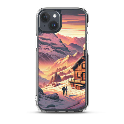 Berghütte im goldenen Sonnenuntergang: Digitale Alpenillustration - iPhone Schutzhülle (durchsichtig) berge xxx yyy zzz iPhone 15 Plus