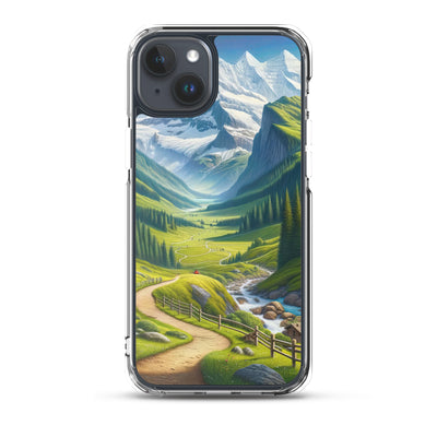 Wanderer in den Bergen und Wald: Digitale Malerei mit grünen kurvenreichen Pfaden - iPhone Schutzhülle (durchsichtig) wandern xxx yyy zzz iPhone 15 Plus