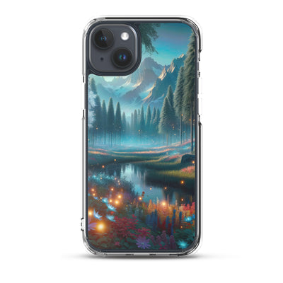 Ätherischer Alpenwald: Digitale Darstellung mit leuchtenden Bäumen und Blumen - iPhone Schutzhülle (durchsichtig) camping xxx yyy zzz iPhone 15 Plus