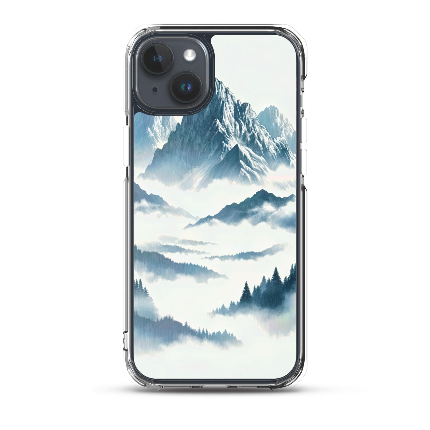 Nebeliger Alpenmorgen-Essenz, verdeckte Täler und Wälder - iPhone Schutzhülle (durchsichtig) berge xxx yyy zzz iPhone 15 Plus