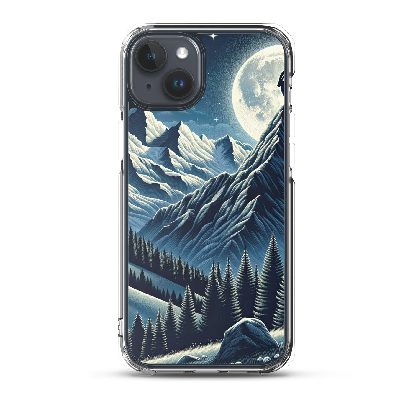 Steinbock in Alpennacht, silberne Berge und Sternenhimmel - iPhone Schutzhülle (durchsichtig) berge xxx yyy zzz iPhone 15 Plus
