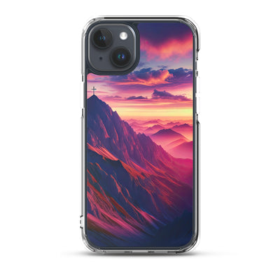 Dramatischer Alpen-Sonnenaufgang, Gipfelkreuz und warme Himmelsfarben - iPhone Schutzhülle (durchsichtig) berge xxx yyy zzz iPhone 15 Plus