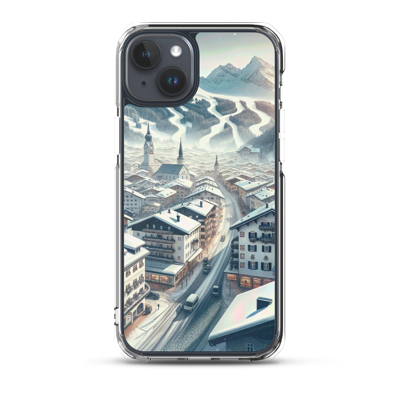 Winter in Kitzbühel: Digitale Malerei von schneebedeckten Dächern - iPhone Schutzhülle (durchsichtig) berge xxx yyy zzz iPhone 15 Plus
