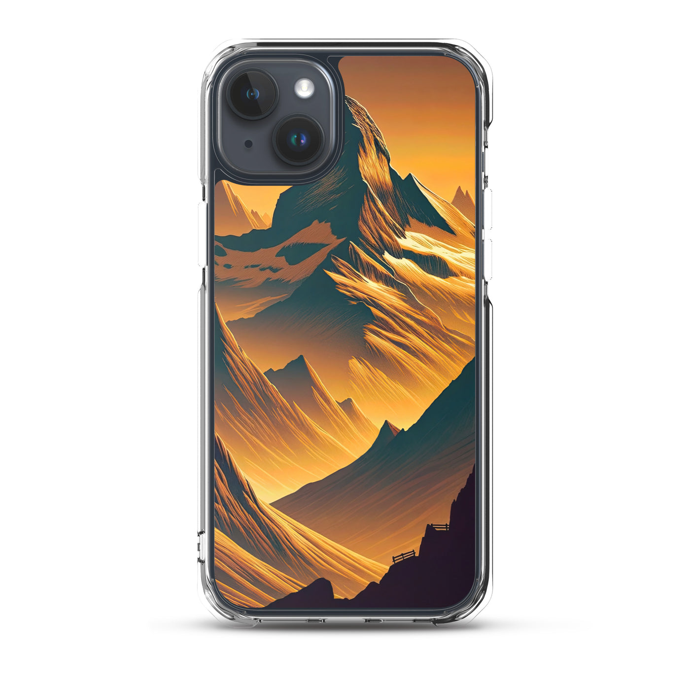 Fuchs in Alpen-Sonnenuntergang, goldene Berge und tiefe Täler - iPhone Schutzhülle (durchsichtig) camping xxx yyy zzz iPhone 15 Plus