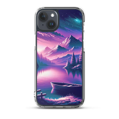 Magische Alpen-Dämmerung, rosa-lila Himmel und Bergsee mit Boot - iPhone Schutzhülle (durchsichtig) berge xxx yyy zzz iPhone 15 Plus