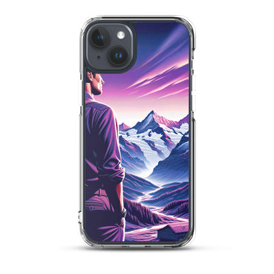 Wanderer in alpiner Dämmerung, schneebedeckte Gipfel ins Unendliche - iPhone Schutzhülle (durchsichtig) wandern xxx yyy zzz iPhone 15 Plus