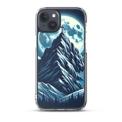 Mondnacht und Gipfelkreuz in den Alpen, glitzernde Schneegipfel - iPhone Schutzhülle (durchsichtig) berge xxx yyy zzz iPhone 15 Plus