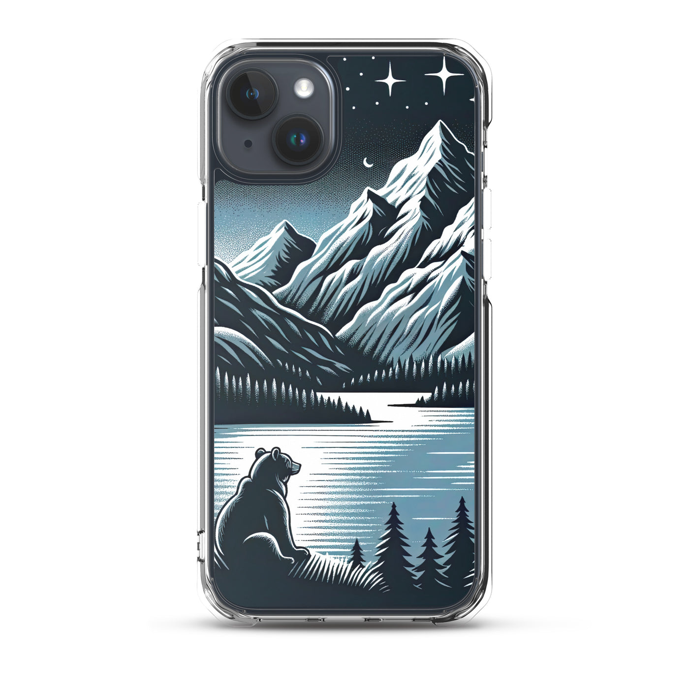 Bär in Alpen-Mondnacht, silberne Berge, schimmernde Seen - iPhone Schutzhülle (durchsichtig) camping xxx yyy zzz iPhone 15 Plus