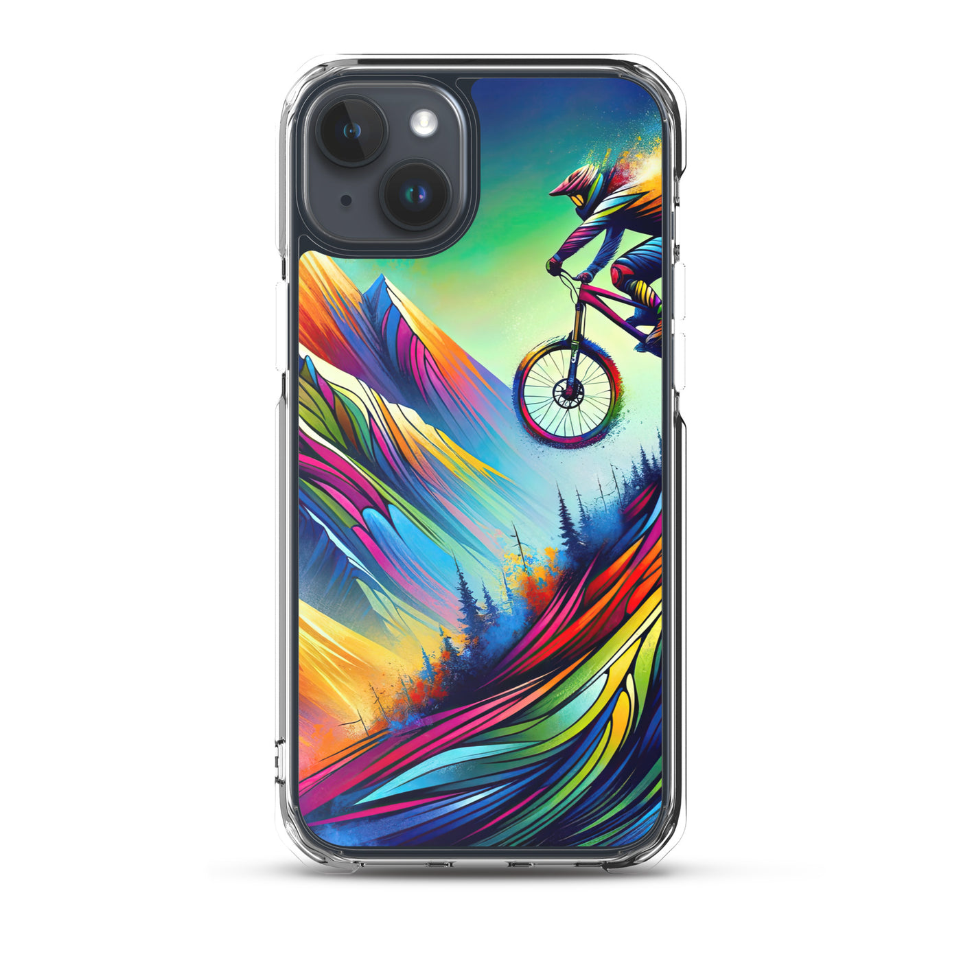 Mountainbiker in farbenfroher Alpenkulisse mit abstraktem Touch (M) - iPhone Schutzhülle (durchsichtig) xxx yyy zzz iPhone 15 Plus