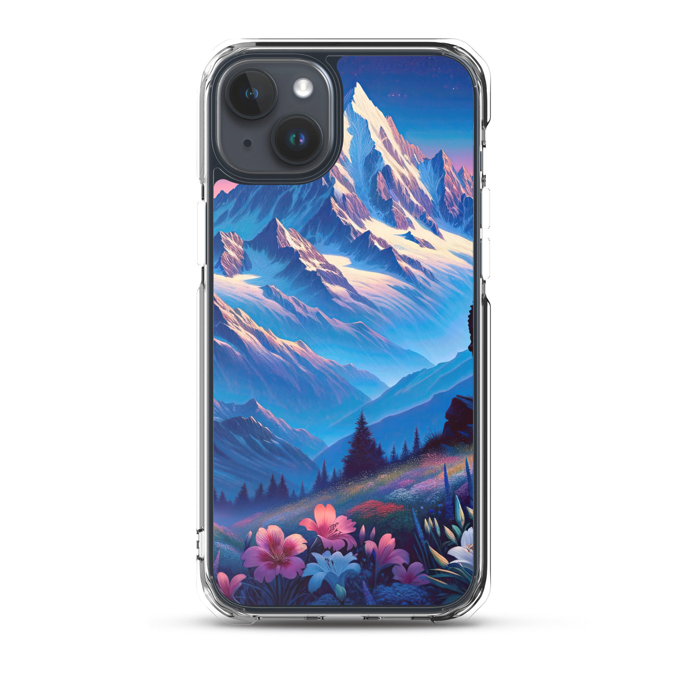 Steinbock bei Dämmerung in den Alpen, sonnengeküsste Schneegipfel - iPhone Schutzhülle (durchsichtig) berge xxx yyy zzz iPhone 15 Plus