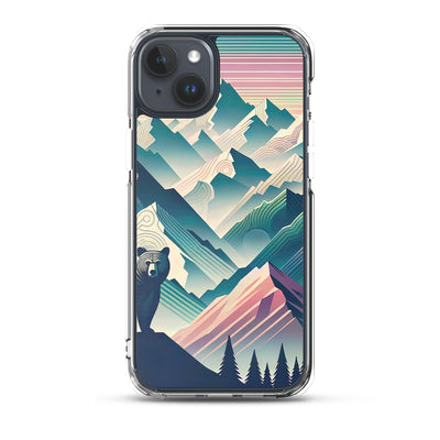 Bär im Panoramablick der Alpen, moderne Kunst-Gebirgsschichten - iPhone Schutzhülle (durchsichtig) camping xxx yyy zzz iPhone 15 Plus