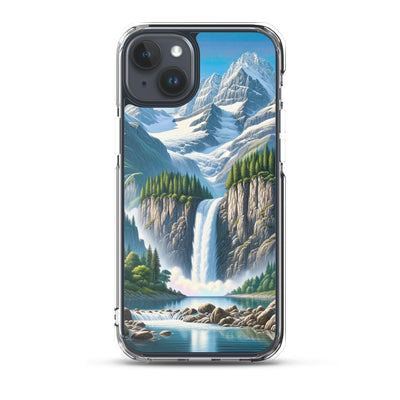 Illustration einer unberührten Alpenkulisse im Hochsommer. Wasserfall und See - iPhone Schutzhülle (durchsichtig) berge xxx yyy zzz iPhone 15 Plus