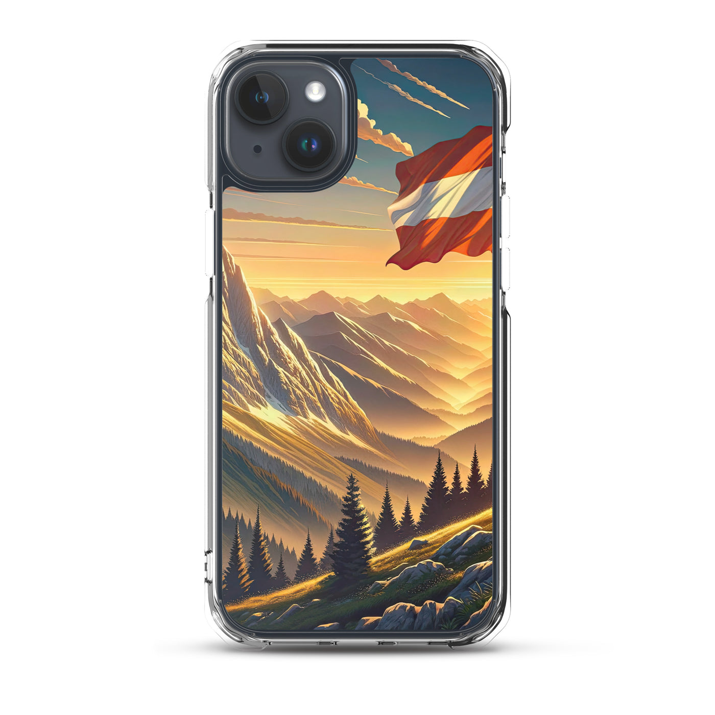 Ruhiger Alpenabend mit österreichischer Flagge und goldenem Sonnenuntergang - iPhone Schutzhülle (durchsichtig) berge xxx yyy zzz iPhone 15 Plus