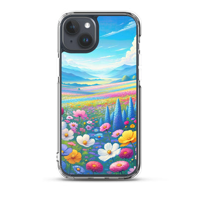 Weitläufiges Blumenfeld unter himmelblauem Himmel, leuchtende Flora - iPhone Schutzhülle (durchsichtig) camping xxx yyy zzz iPhone 15 Plus