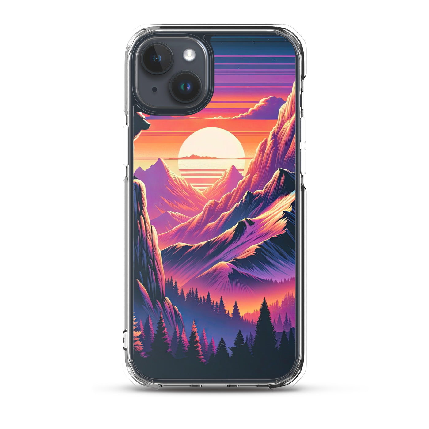 Alpen-Sonnenuntergang mit Bär auf Hügel, warmes Himmelsfarbenspiel - iPhone Schutzhülle (durchsichtig) camping xxx yyy zzz iPhone 15 Plus