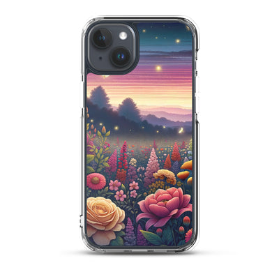 Skurriles Blumenfeld in Dämmerung, farbenfrohe Rosen, Lilien, Ringelblumen - iPhone Schutzhülle (durchsichtig) camping xxx yyy zzz iPhone 15 Plus