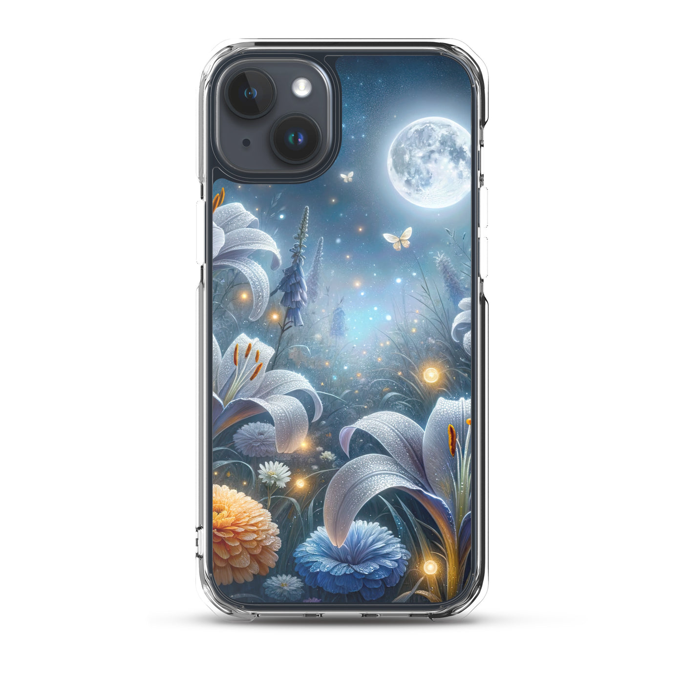 Ätherische Mondnacht auf blühender Wiese, silbriger Blumenglanz - iPhone Schutzhülle (durchsichtig) camping xxx yyy zzz iPhone 15 Plus