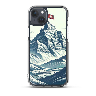 Ausgedehnte Bergkette mit dominierendem Gipfel und wehender Schweizer Flagge - iPhone Schutzhülle (durchsichtig) berge xxx yyy zzz iPhone 15 Plus