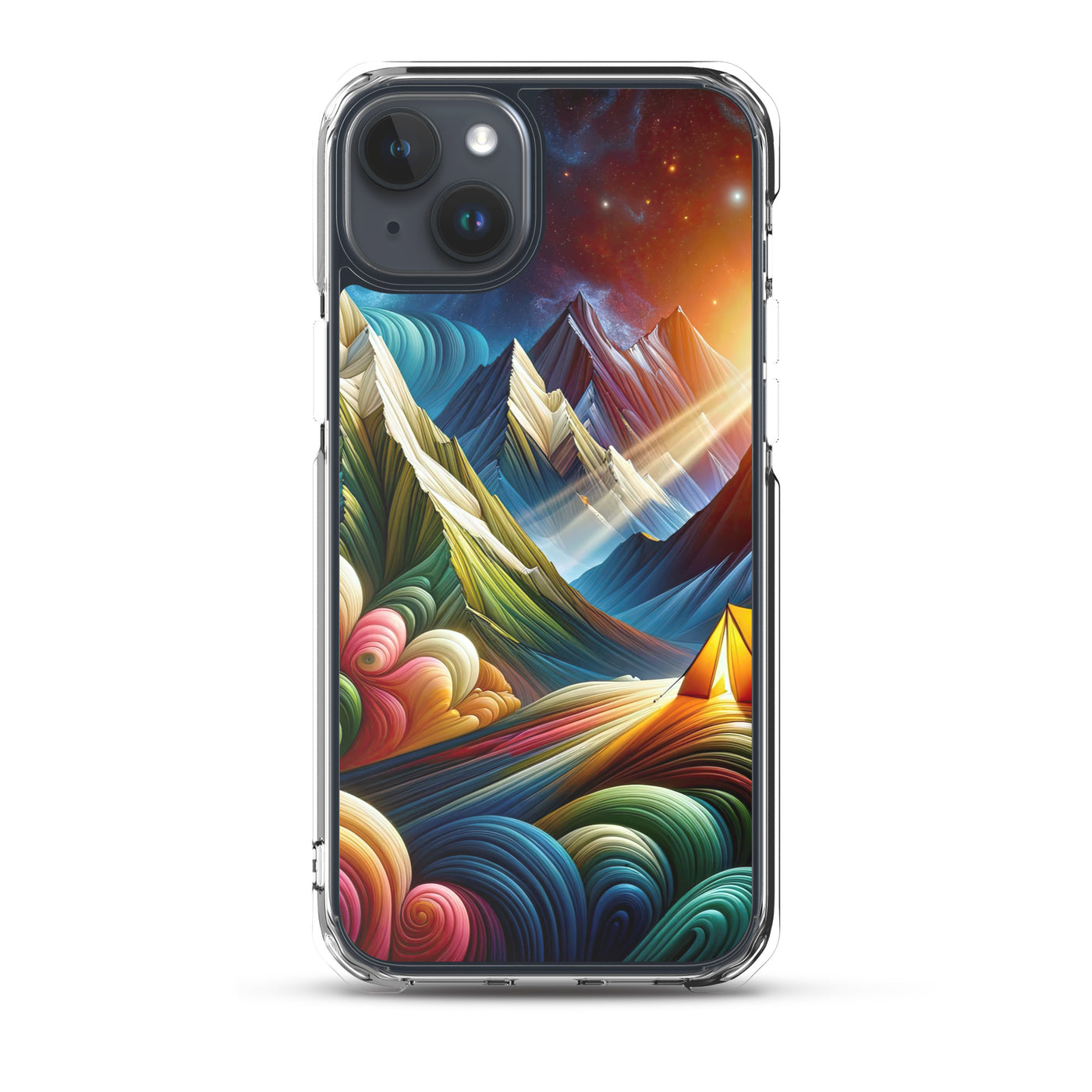Abstrakte Bergwelt in lebendigen Farben mit Zelt - iPhone Schutzhülle (durchsichtig) camping xxx yyy zzz iPhone 15 Plus