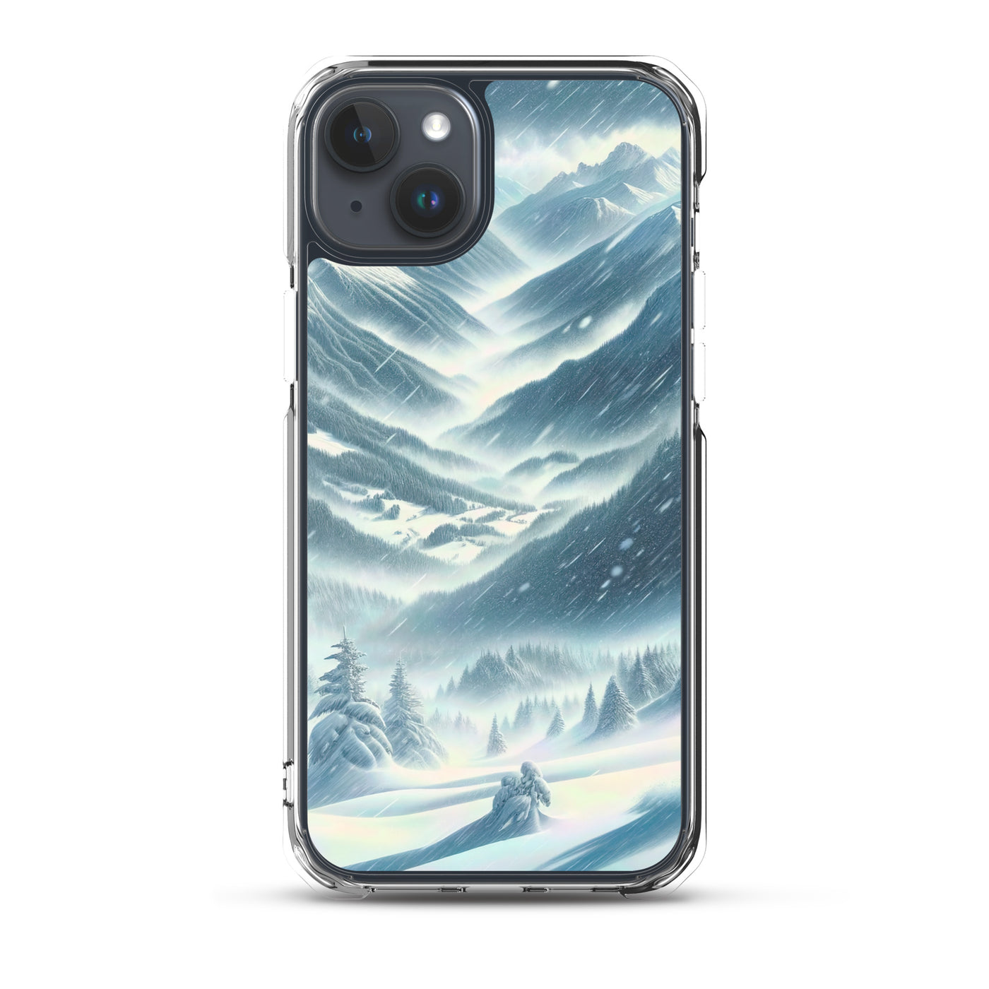 Alpine Wildnis im Wintersturm mit Skifahrer, verschneite Landschaft - iPhone Schutzhülle (durchsichtig) klettern ski xxx yyy zzz iPhone 15 Plus