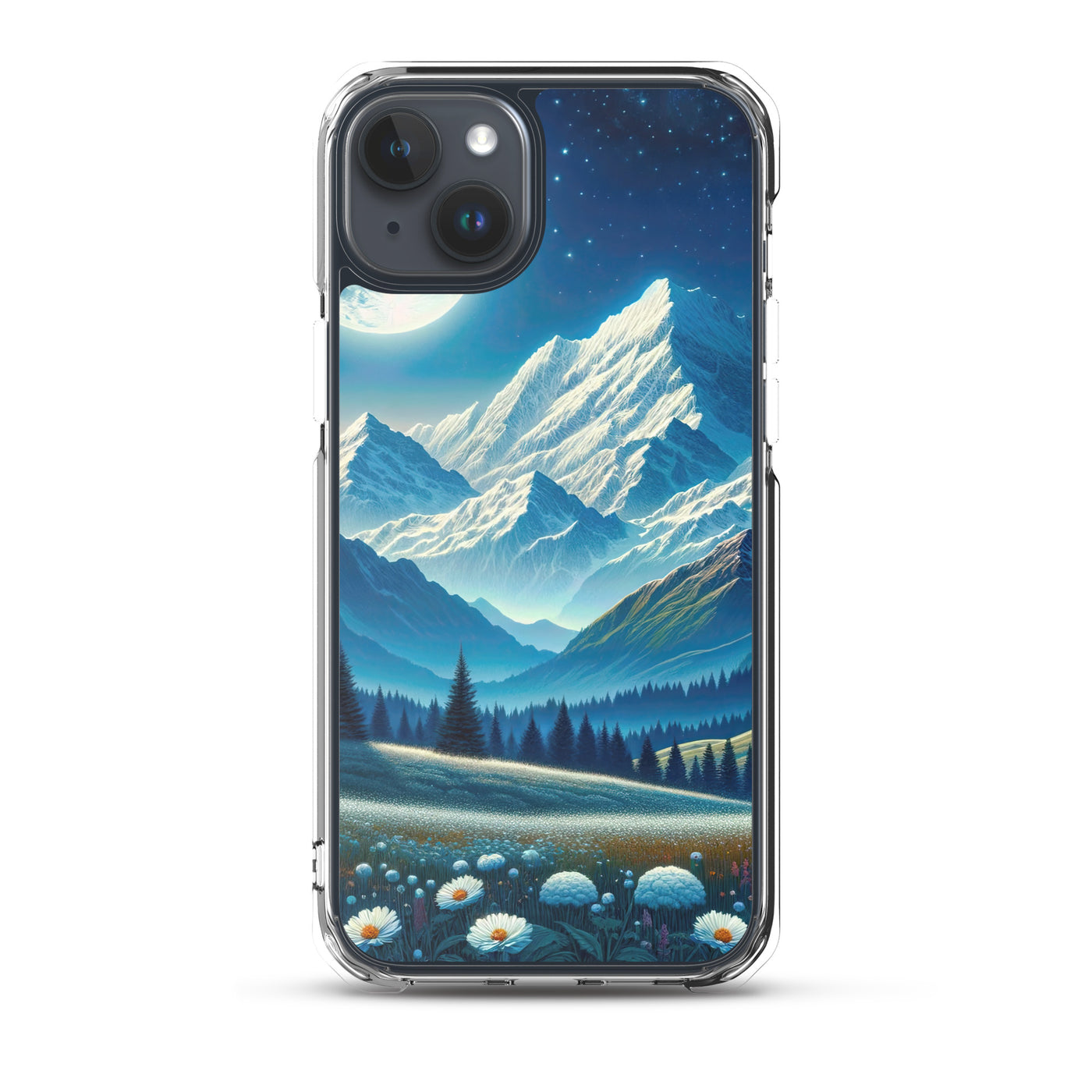 Klare frühlingshafte Alpennacht mit Blumen und Vollmond über Schneegipfeln - iPhone Schutzhülle (durchsichtig) berge xxx yyy zzz iPhone 15 Plus