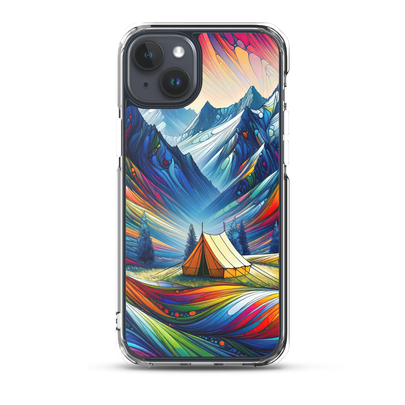 Surreale Alpen in abstrakten Farben, dynamische Formen der Landschaft - iPhone Schutzhülle (durchsichtig) camping xxx yyy zzz iPhone 15 Plus