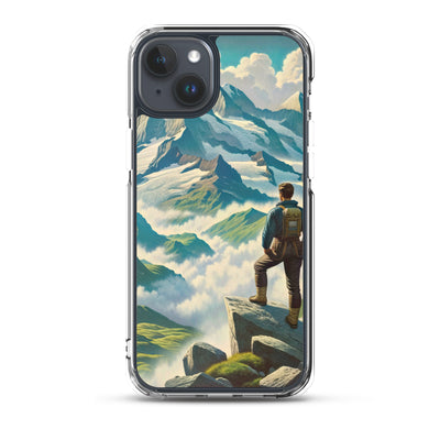 Panoramablick der Alpen mit Wanderer auf einem Hügel und schroffen Gipfeln - iPhone Schutzhülle (durchsichtig) wandern xxx yyy zzz iPhone 15 Plus