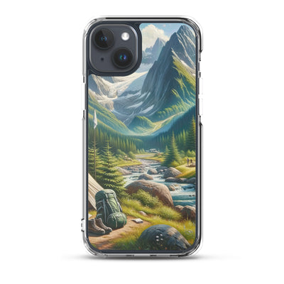 Ölgemälde der Alpensommerlandschaft mit Zelt, Gipfeln, Wäldern und Bächen - iPhone Schutzhülle (durchsichtig) camping xxx yyy zzz iPhone 15 Plus
