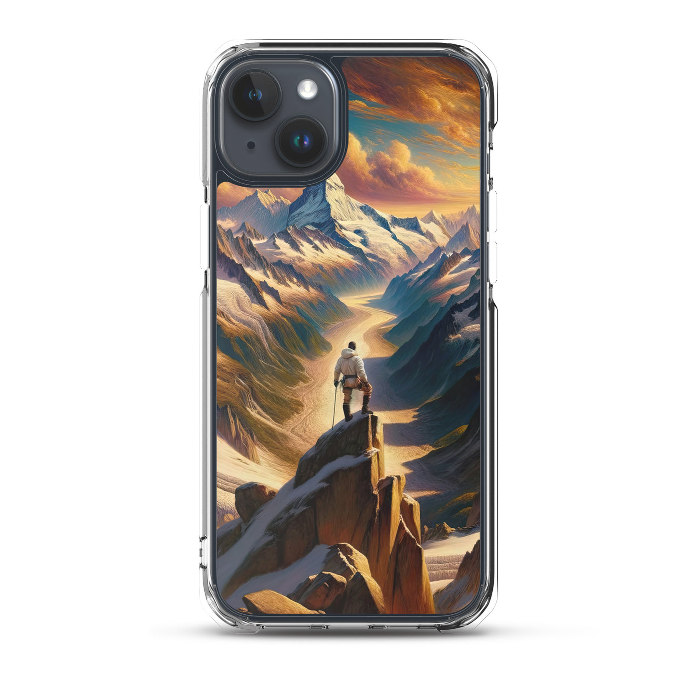 Ölgemälde eines Wanderers auf einem Hügel mit Panoramablick auf schneebedeckte Alpen und goldenen Himmel - iPhone Schutzhülle (durchsichtig) wandern xxx yyy zzz iPhone 15 Plus
