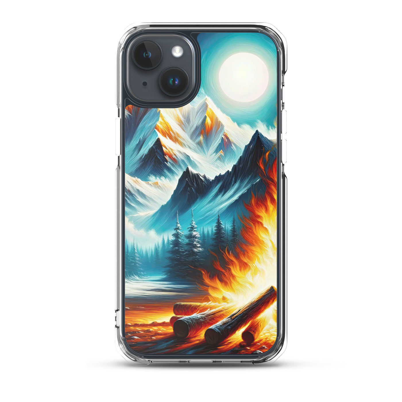 Ölgemälde von Feuer und Eis: Lagerfeuer und Alpen im Kontrast, warme Flammen - iPhone Schutzhülle (durchsichtig) camping xxx yyy zzz iPhone 15 Plus