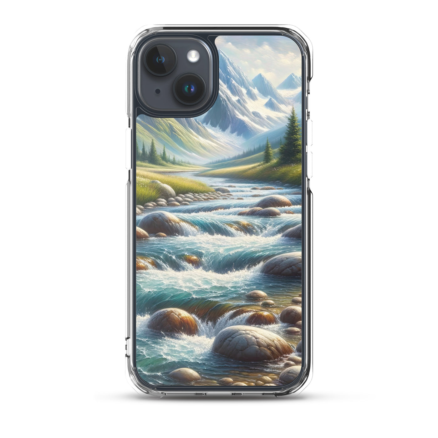 Ölgemälde eines Gebirgsbachs durch felsige Landschaft - iPhone Schutzhülle (durchsichtig) berge xxx yyy zzz iPhone 15 Plus