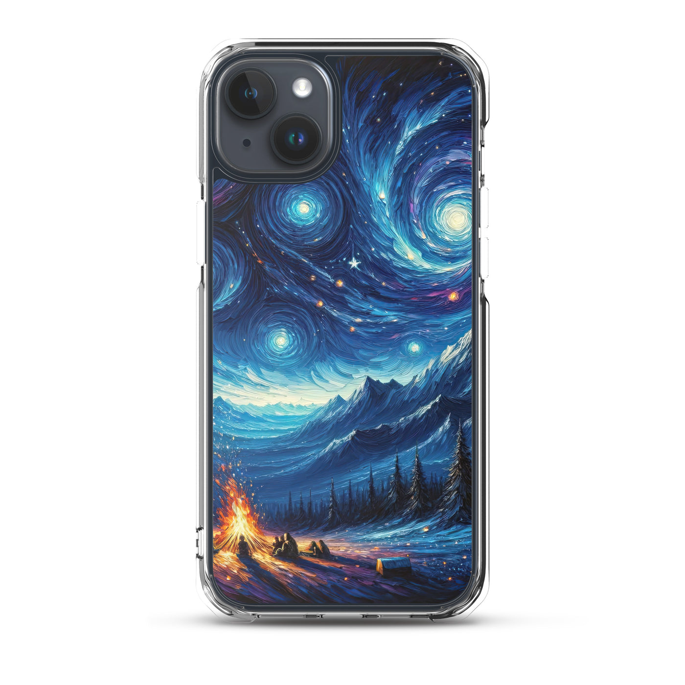 Sternennacht über den Alpen inspiriertes Ölgemälde, mystischer Nachthimmel in Blau - iPhone Schutzhülle (durchsichtig) camping xxx yyy zzz iPhone 15 Plus
