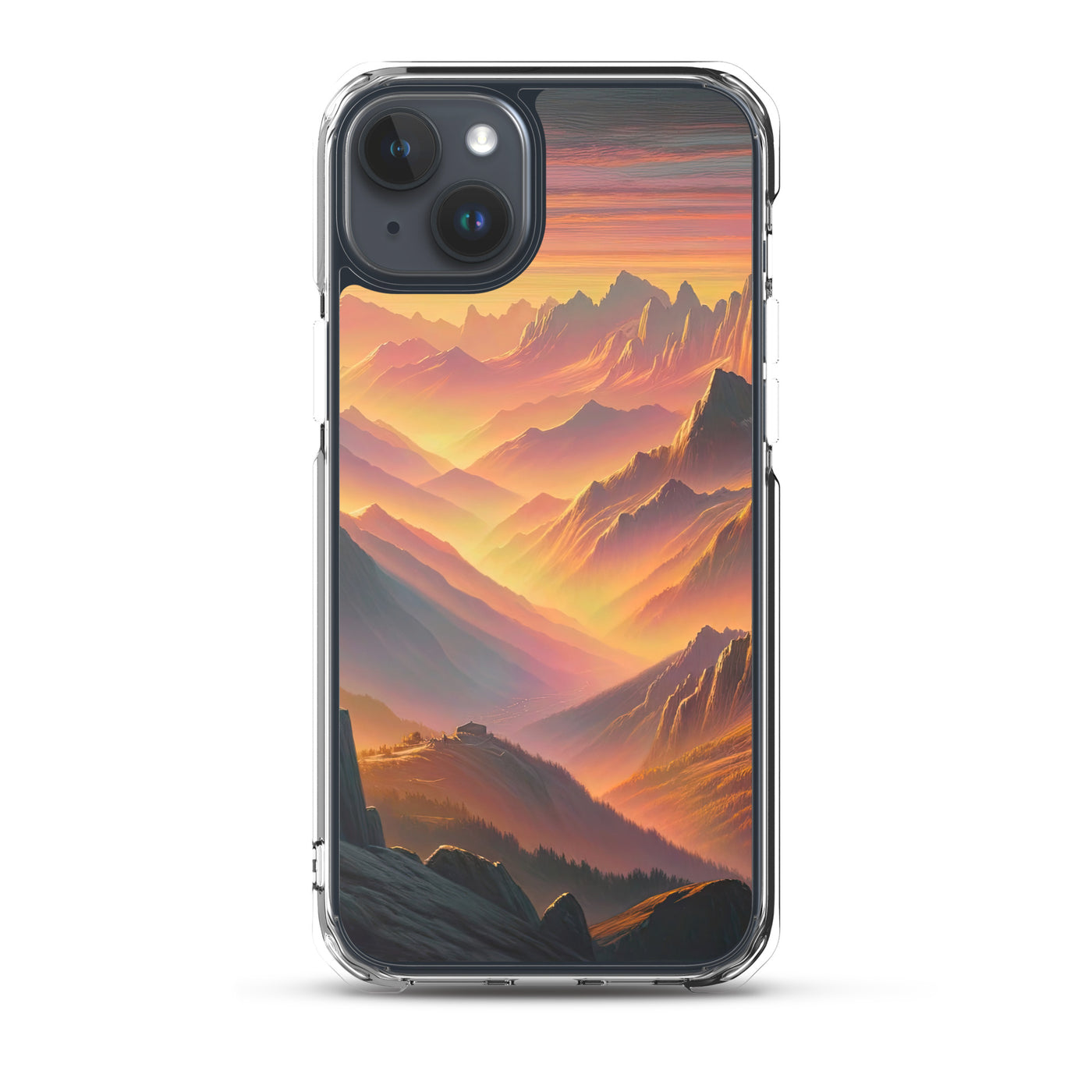 Ölgemälde der Alpen in der goldenen Stunde mit Wanderer, Orange-Rosa Bergpanorama - iPhone Schutzhülle (durchsichtig) wandern xxx yyy zzz iPhone 15 Plus