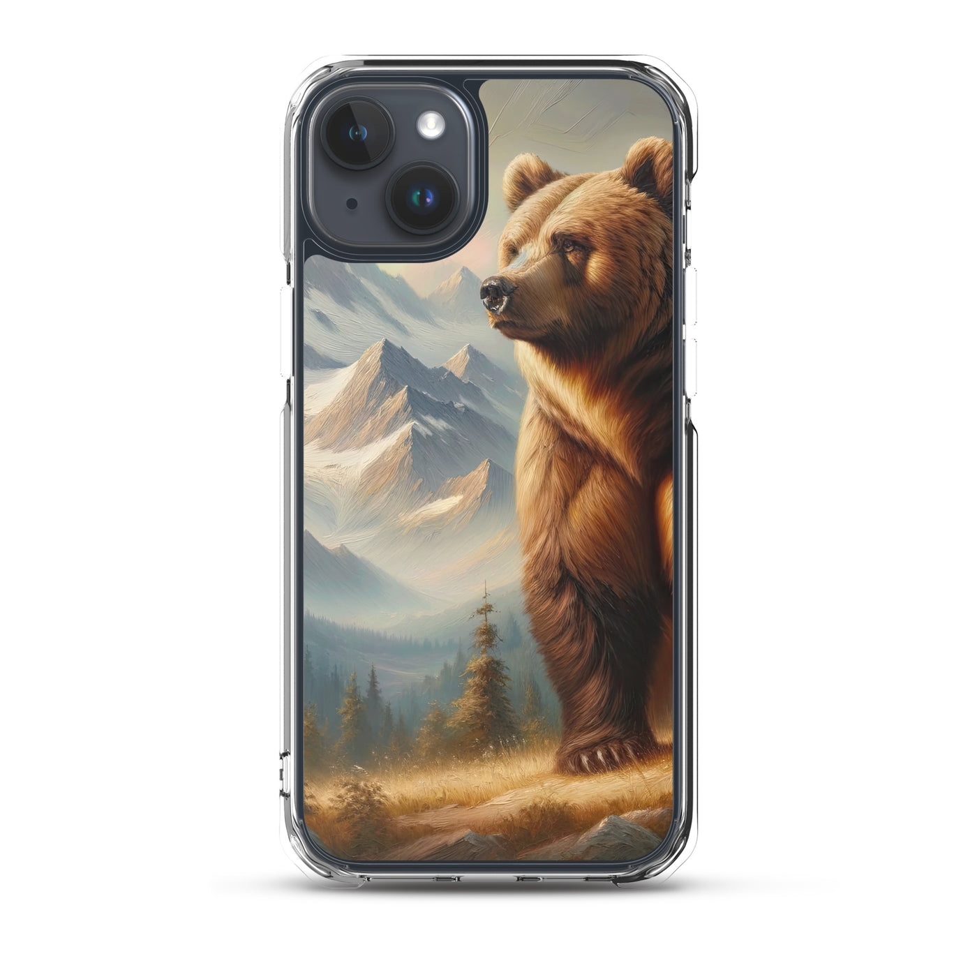 Ölgemälde eines königlichen Bären vor der majestätischen Alpenkulisse - iPhone Schutzhülle (durchsichtig) camping xxx yyy zzz iPhone 15 Plus