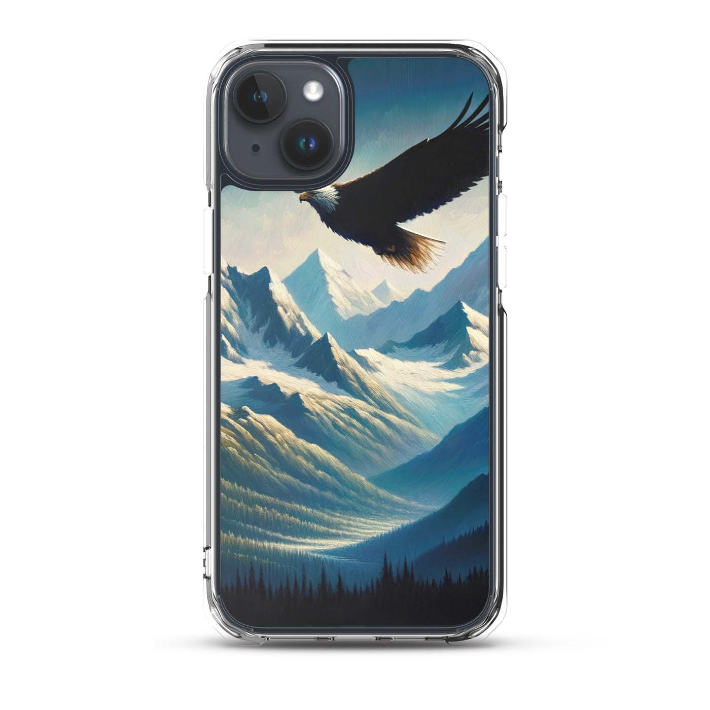 Ölgemälde eines Adlers vor schneebedeckten Bergsilhouetten - iPhone Schutzhülle (durchsichtig) berge xxx yyy zzz iPhone 15 Plus