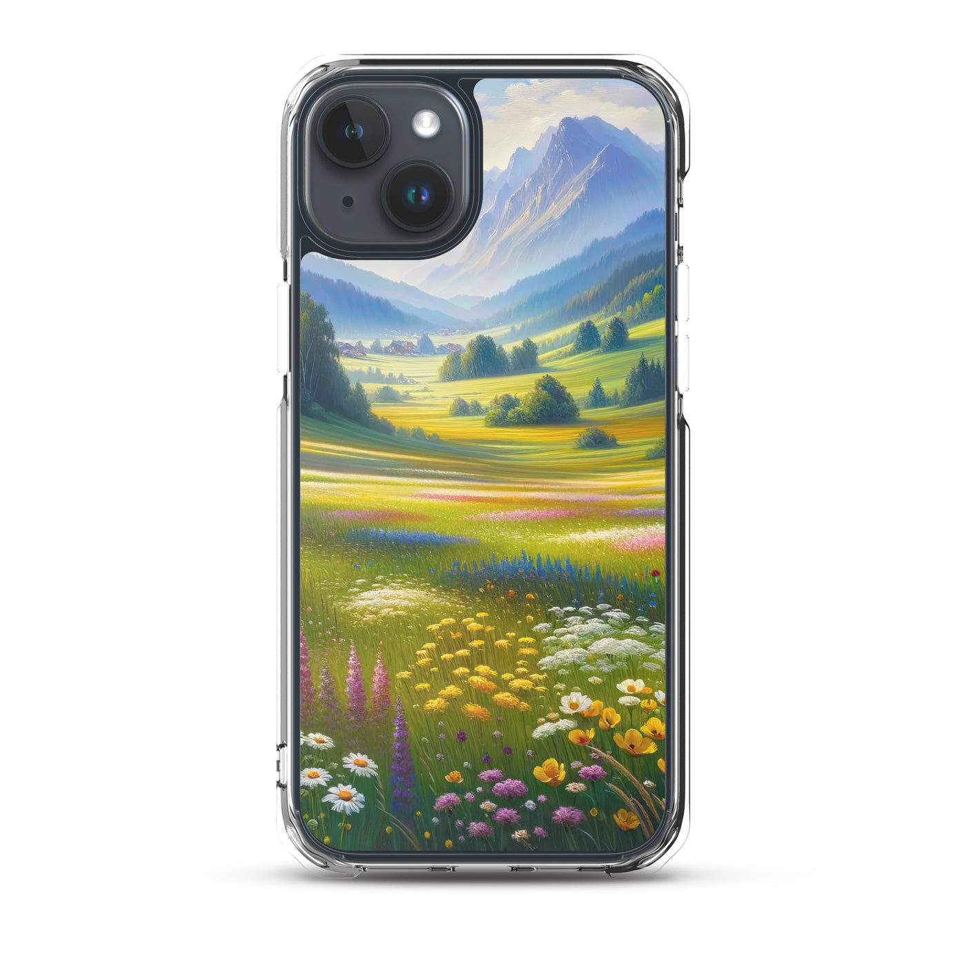 Ölgemälde einer Almwiese, Meer aus Wildblumen in Gelb- und Lilatönen - iPhone Schutzhülle (durchsichtig) berge xxx yyy zzz iPhone 15 Plus