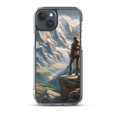Ölgemälde der Alpengipfel mit Schweizer Abenteurerin auf Felsvorsprung - iPhone Schutzhülle (durchsichtig) wandern xxx yyy zzz iPhone 15 Plus