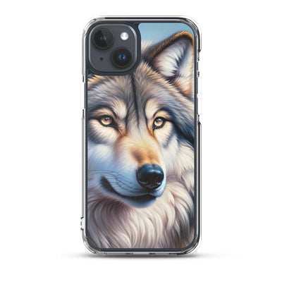 Ölgemäldeporträt eines majestätischen Wolfes mit intensiven Augen in der Berglandschaft (AN) - iPhone Schutzhülle (durchsichtig) xxx yyy zzz iPhone 15 Plus