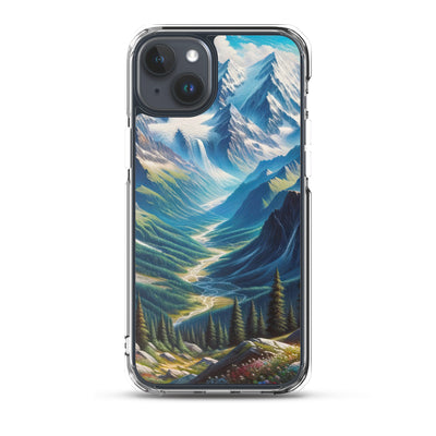 Panorama-Ölgemälde der Alpen mit schneebedeckten Gipfeln und schlängelnden Flusstälern - iPhone Schutzhülle (durchsichtig) berge xxx yyy zzz iPhone 15 Plus