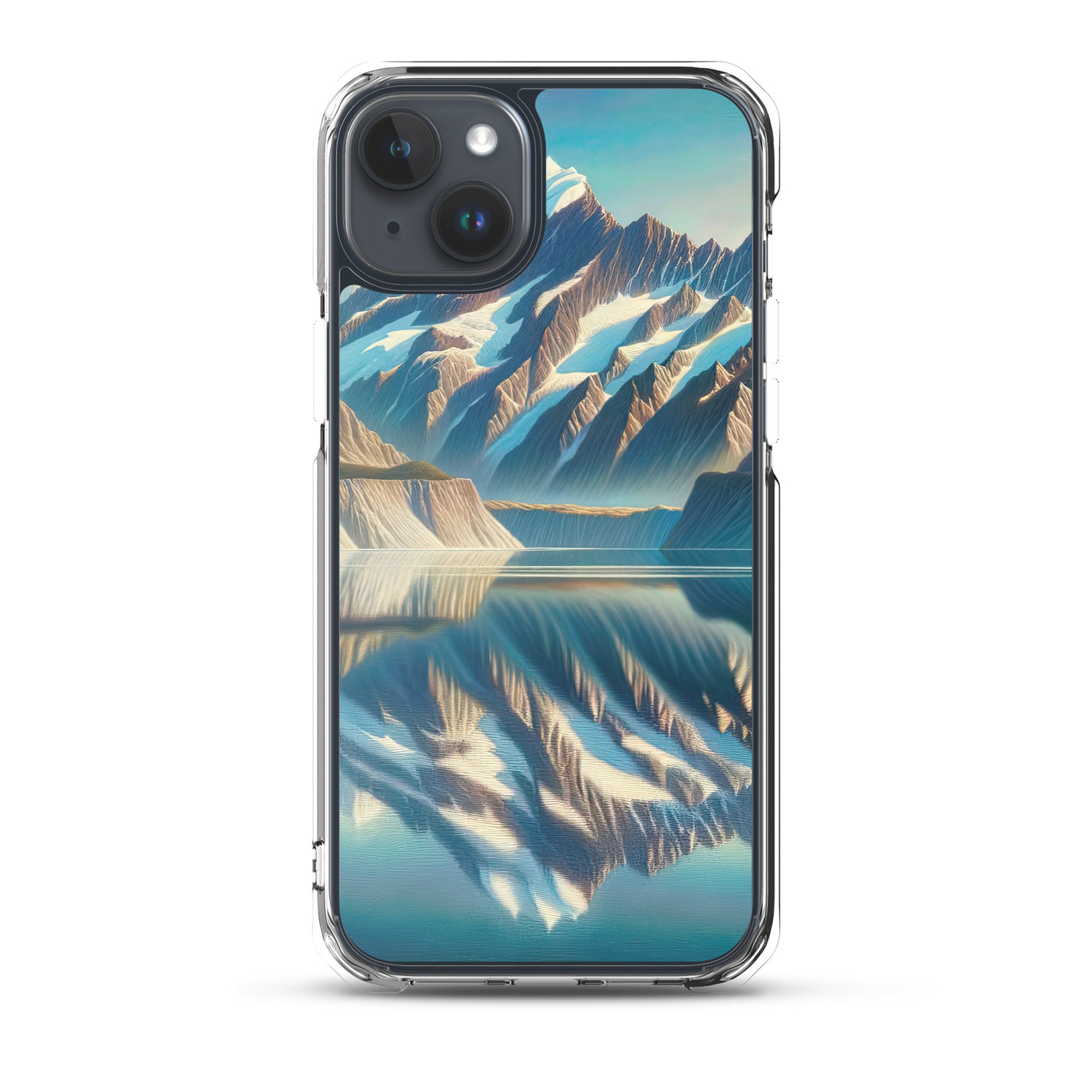 Ölgemälde eines unberührten Sees, der die Bergkette spiegelt - iPhone Schutzhülle (durchsichtig) berge xxx yyy zzz iPhone 15 Plus