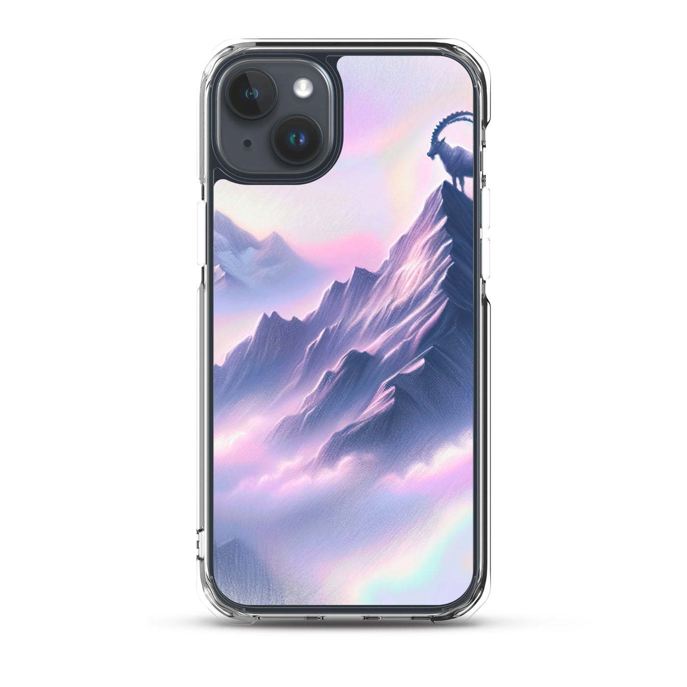 Pastellzeichnung der Alpen im Morgengrauen mit Steinbock in Rosa- und Lavendeltönen - iPhone Schutzhülle (durchsichtig) berge xxx yyy zzz iPhone 15 Plus