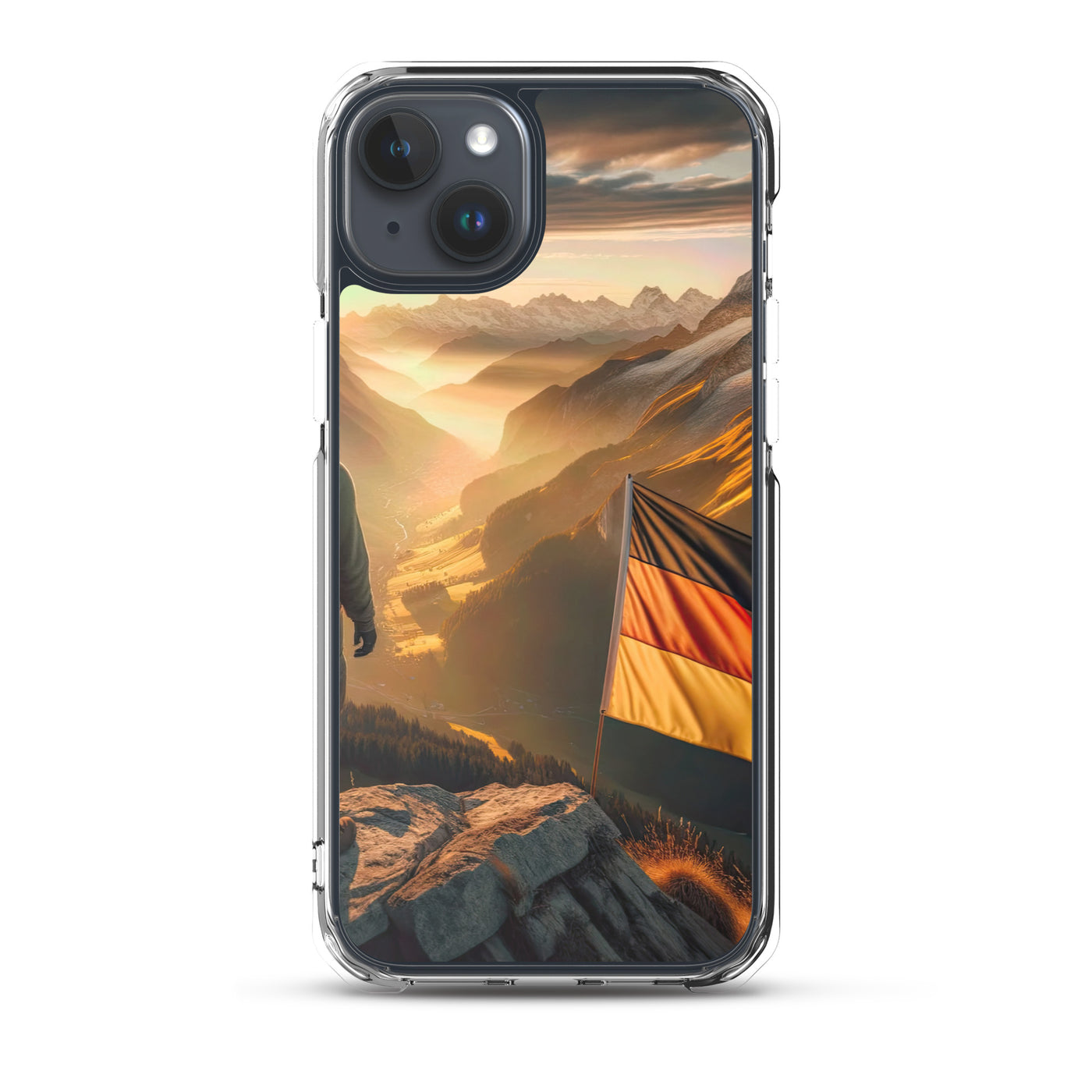 Foto der Alpen bei Sonnenuntergang mit deutscher Flagge und Wanderer, goldenes Licht auf Schneegipfeln - iPhone Schutzhülle (durchsichtig) berge xxx yyy zzz iPhone 15 Plus