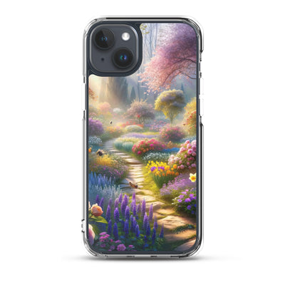 Foto einer Gartenszene im Frühling mit Weg durch blühende Rosen und Veilchen - iPhone Schutzhülle (durchsichtig) camping xxx yyy zzz iPhone 15 Plus