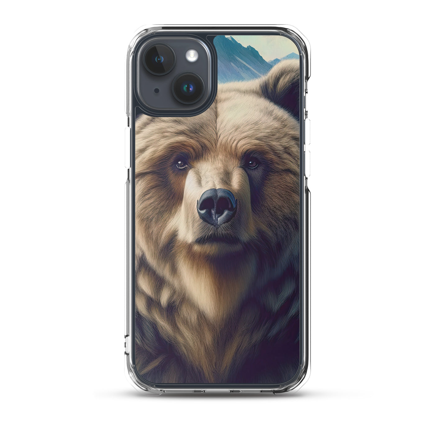 Foto eines Bären vor abstrakt gemalten Alpenbergen, Oberkörper im Fokus - iPhone Schutzhülle (durchsichtig) camping xxx yyy zzz iPhone 15 Plus
