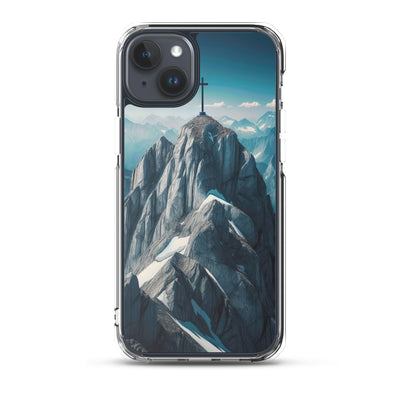 Foto der Alpen mit Gipfelkreuz an einem klaren Tag, schneebedeckte Spitzen vor blauem Himmel - iPhone Schutzhülle (durchsichtig) berge xxx yyy zzz iPhone 15 Plus