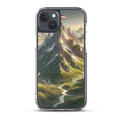 Fotorealistisches Bild der Alpen mit österreichischer Flagge, scharfen Gipfeln und grünen Tälern - iPhone Schutzhülle (durchsichtig) berge xxx yyy zzz iPhone 15 Plus